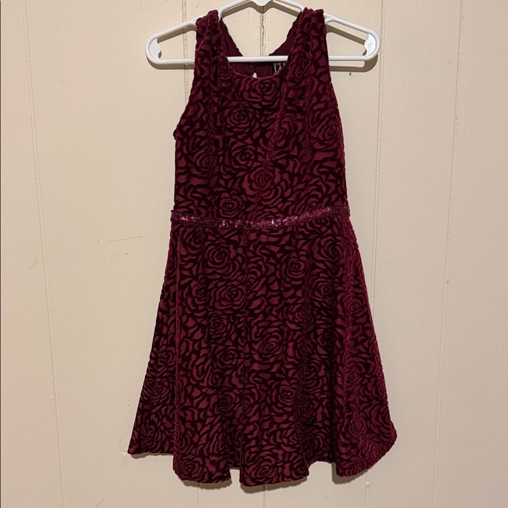 Girls Burgundy Velvet Floral Fit & Flare Party Dress